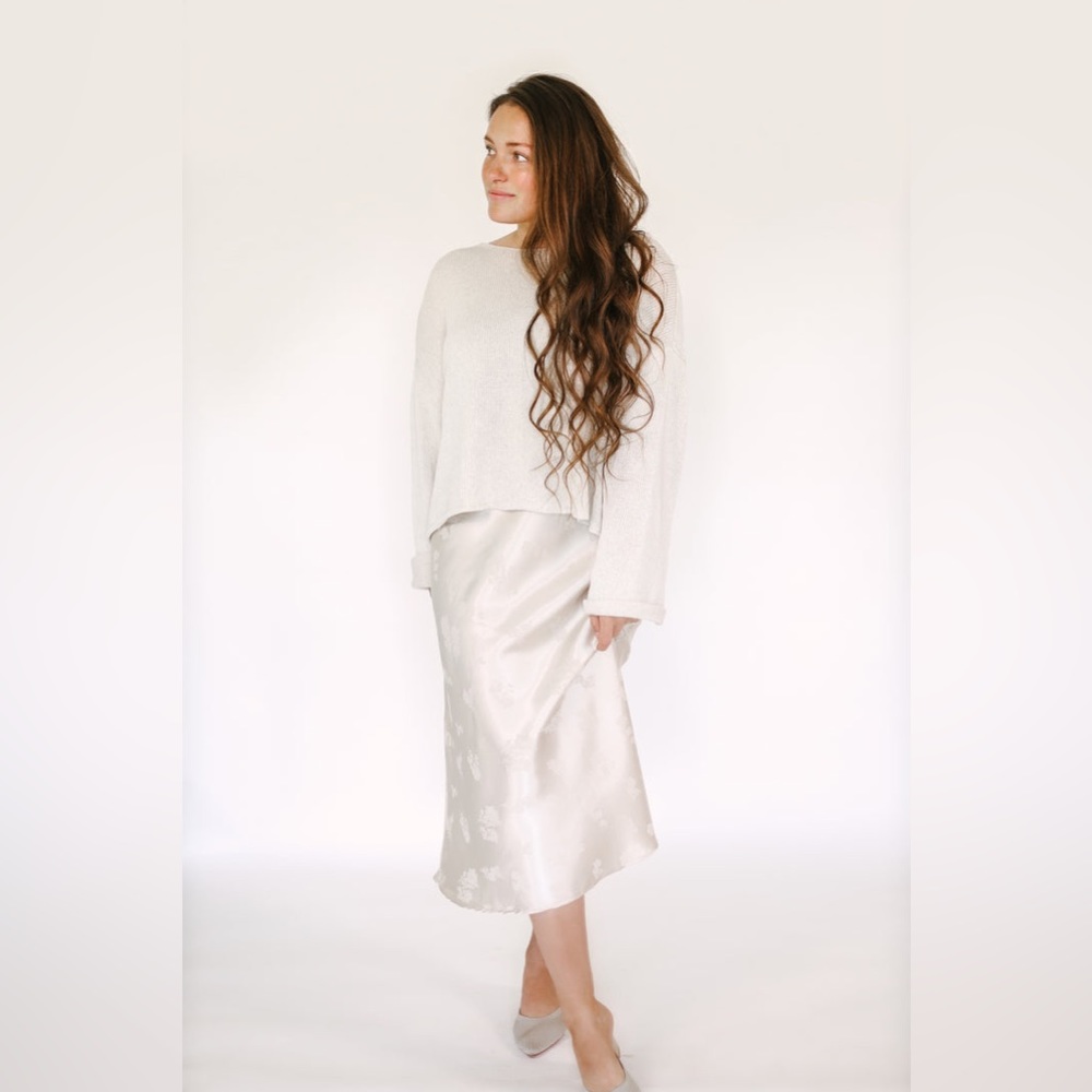 Courtney Toliver Midi Cream Floral Satin Slip Skirt